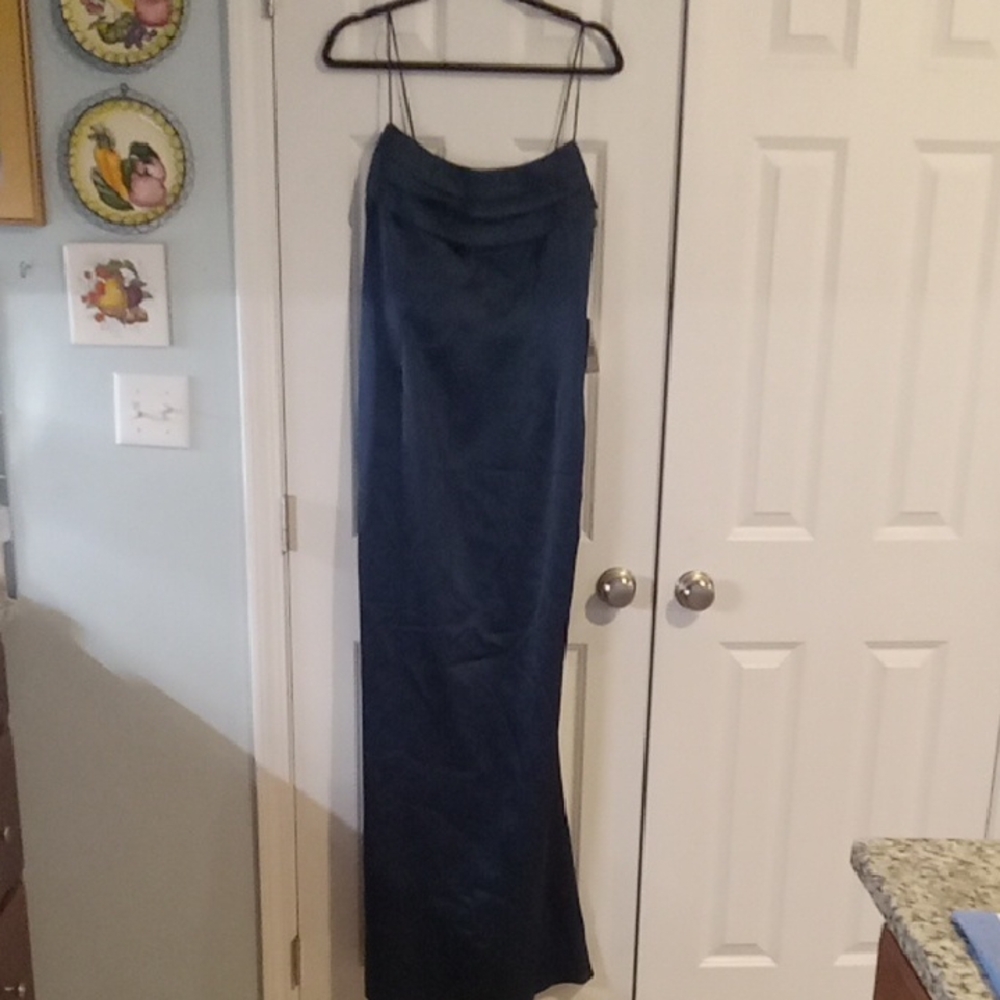 Adrianna Papell Navy Blue Hammered Satin Maxi Dress